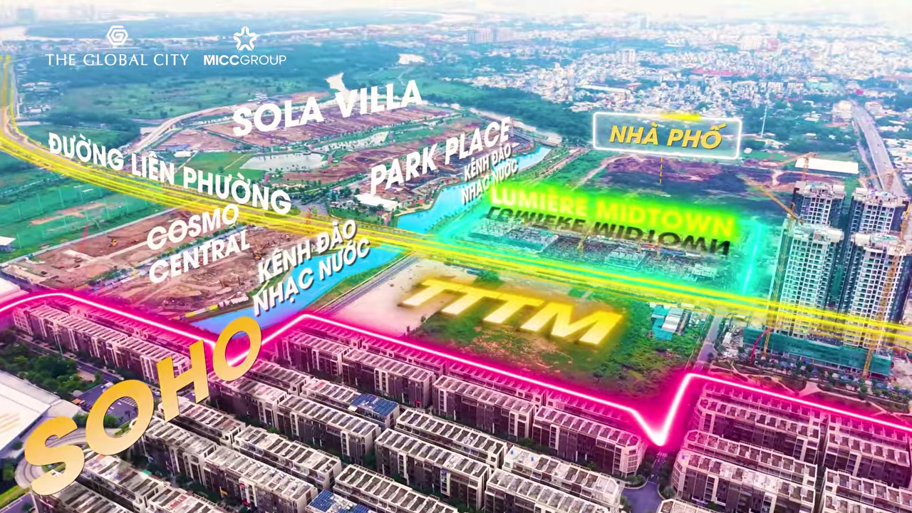 Toàn cảnh The Global City có nhãn khu Park Place và kênh đào